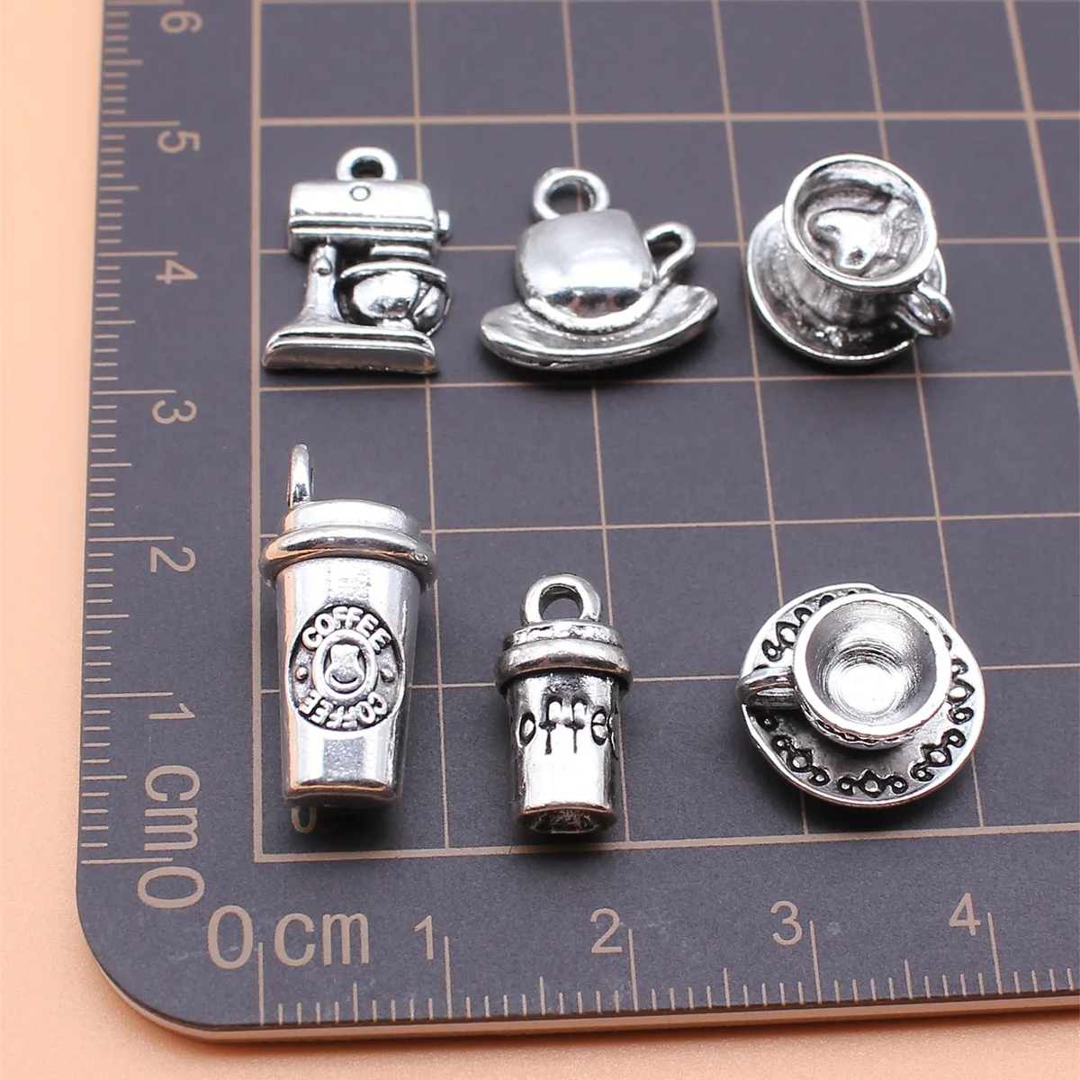 6pcs Antique Silver Color Coffee Charms Collection For DIY Jewelry Making, 6 Styles, 1 of Each