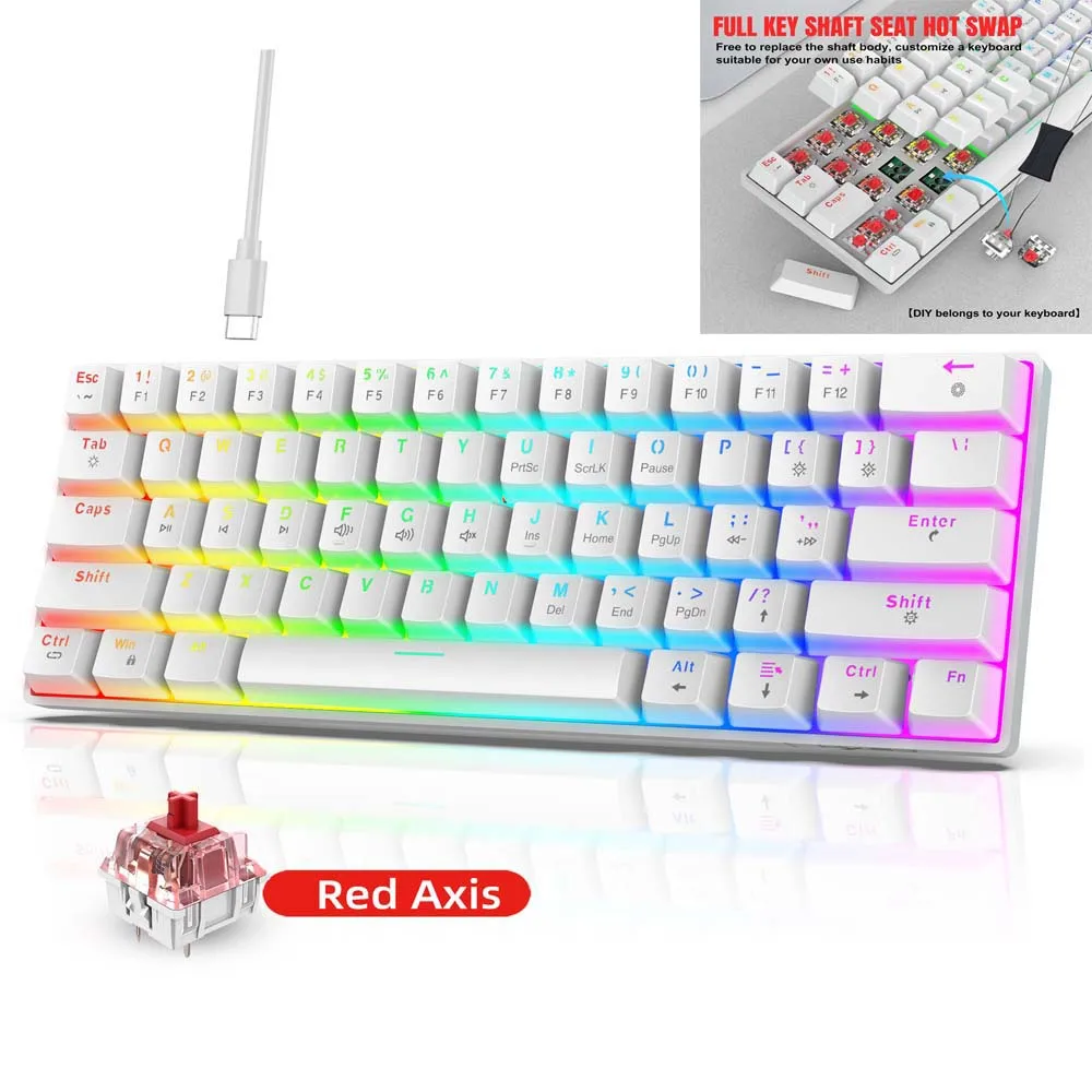 Mechanical Keyboard Type C Wired Hot Swap Red Axis Adjust RGB Light Multi Media Curved Keycaps Computer PC Laptop Keyboard