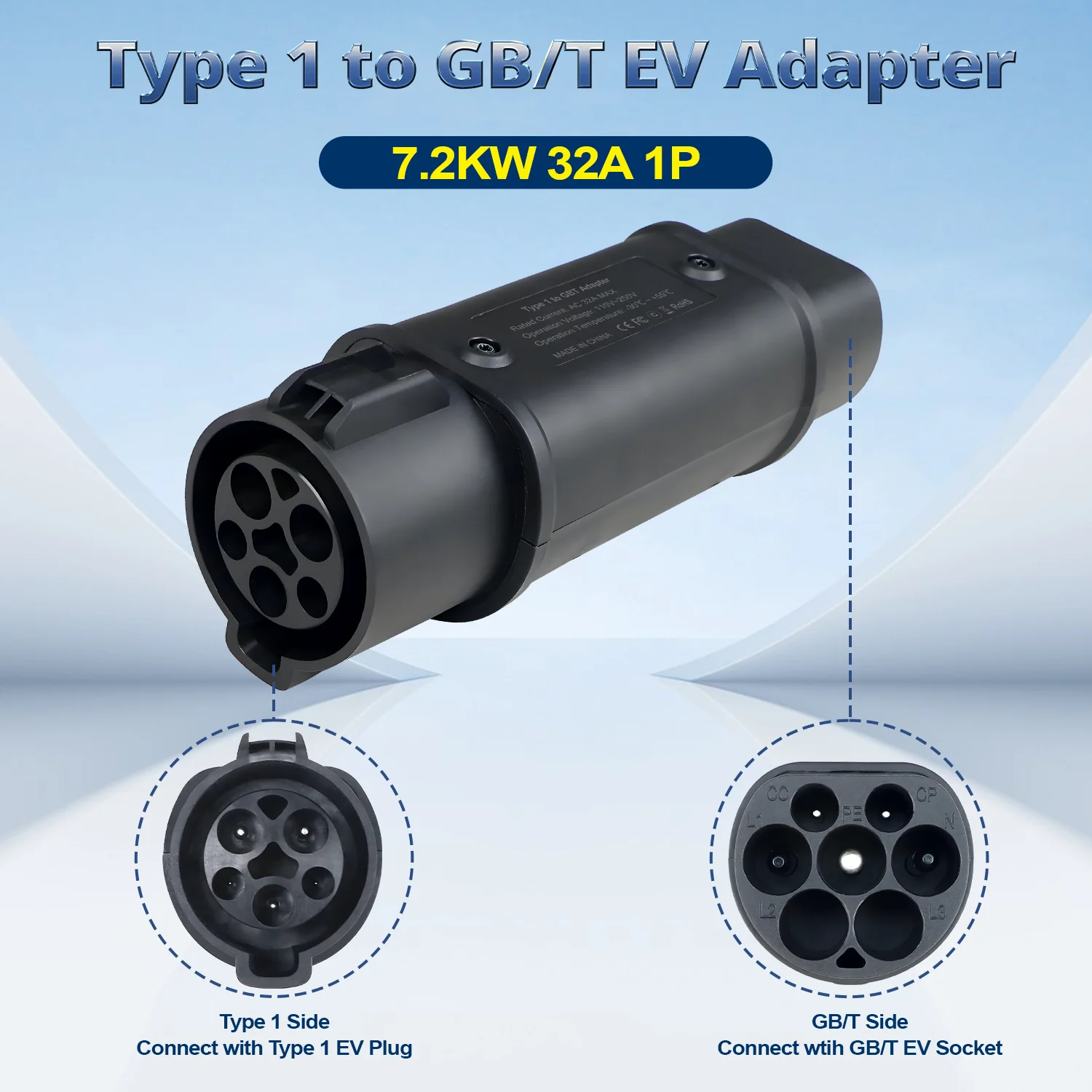 

Kolanky EV Charger Adapter Type 1 to GBT EV Adapter 7.2KW 32A SAE J1772 to GBT EV Charging Connector for Chinese Standard EV Car