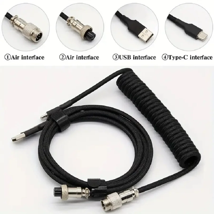 Coiled Keyboard Cable, 1.5M (4.9ft) USB-C To USB-A Mechanical Keyboard Cable, Detachable Metal Aviator Double-Sleeved Wire Type-