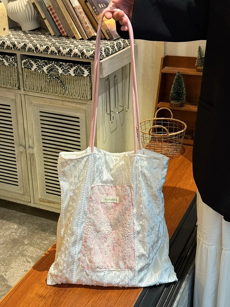 

Легкая роскошная модная холщовая женская сумка с жемчужным кружевом и плиссированным узором, большая вместительная вертикальная квадратная дорожная сумка на плечо, модные