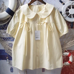 2024 New Summer Sweet Fashion Minimalist Versatile Short Sleeve Blouses Loose Doll Neck Solid Color Bow Button Women's Shirt Top