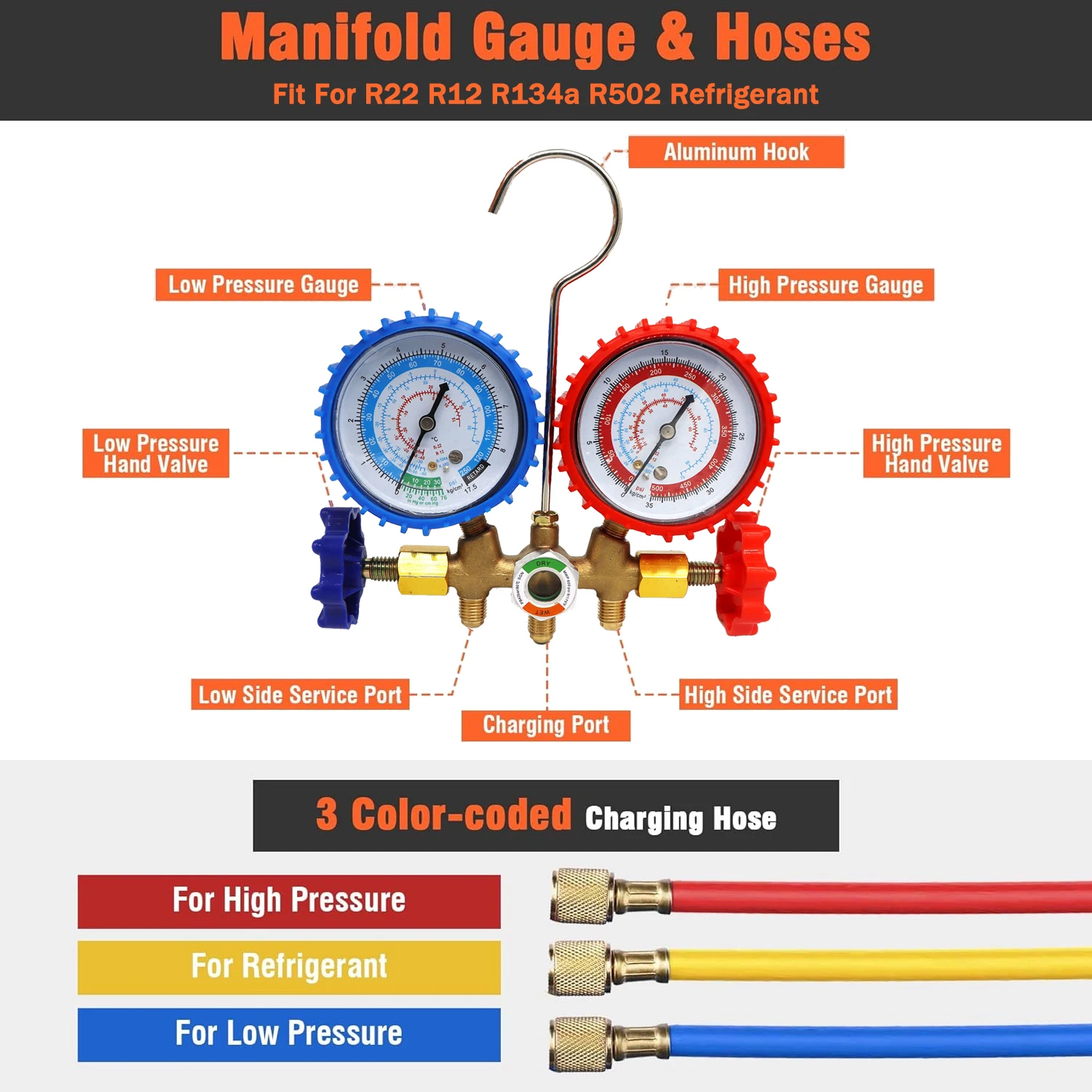 Refrigerant Manifold Gauge Set Air Conditioning Tool for R12 R22 R502 R134a Air Condition Refrigeration Tool with Hose Hook