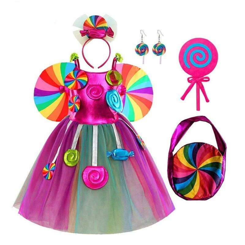 

Candy Rainbow Strap Princess Skirt Children's Performance Costume Halloween Gift Dress Christmas Show Gown Girls Frock