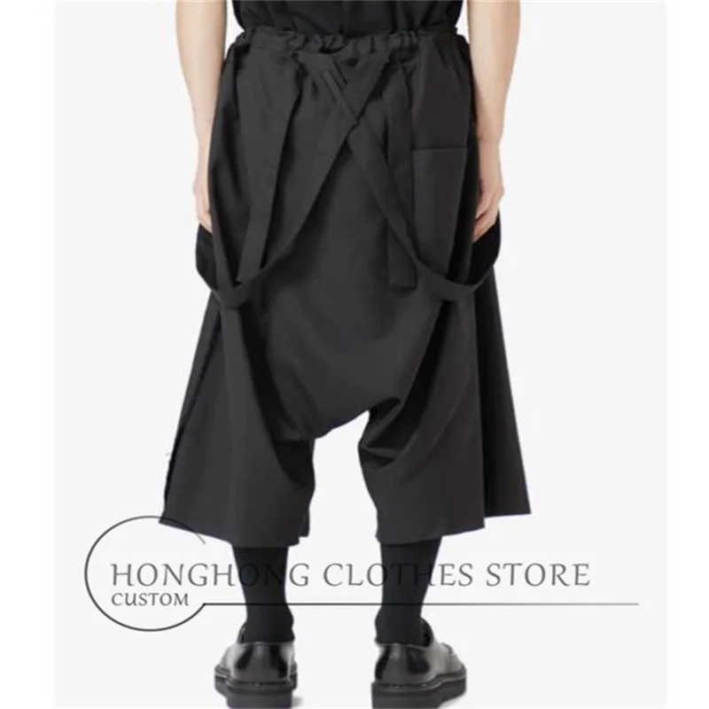 Black belt seven-inch loose men's pants in large size. Detachable style. Dark color. High-quality harem pants.