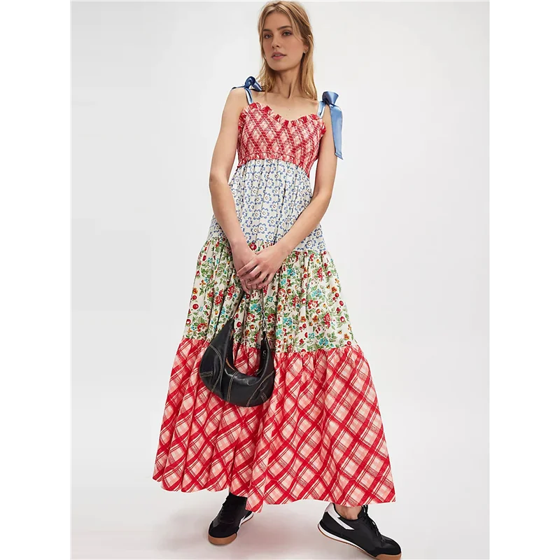 AOAO-ผู้หญิงลายดอกไม้โบโฮชุดเดรสผูกไหล่ Smocked Patchwork Flowy Maxi Dress พร้อมกระเป๋าฤดูร้อนฤดูใบไม้ร่วง
