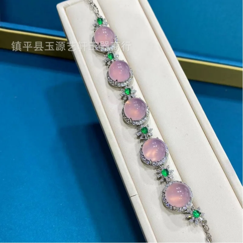 

Роскошный браслет из натурального халцедона с инкрустацией розовым агатом и полной инкрустацией