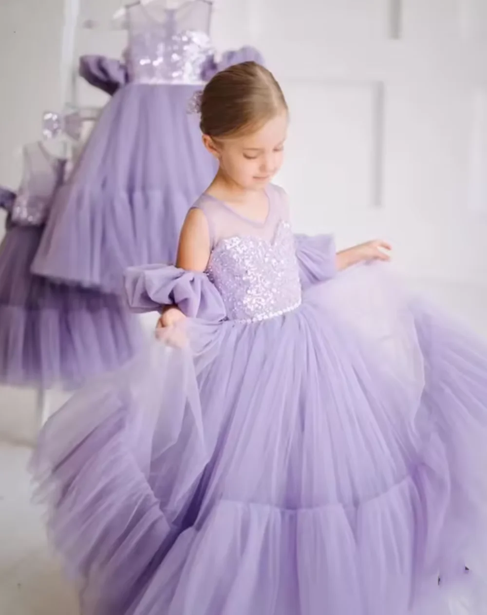 Vestidos morados de tul con flores para niña, vestido sin mangas con cuello redondo, vestido de fiesta de graduación, vestido de princesa con lentejuelas para niño personalizado