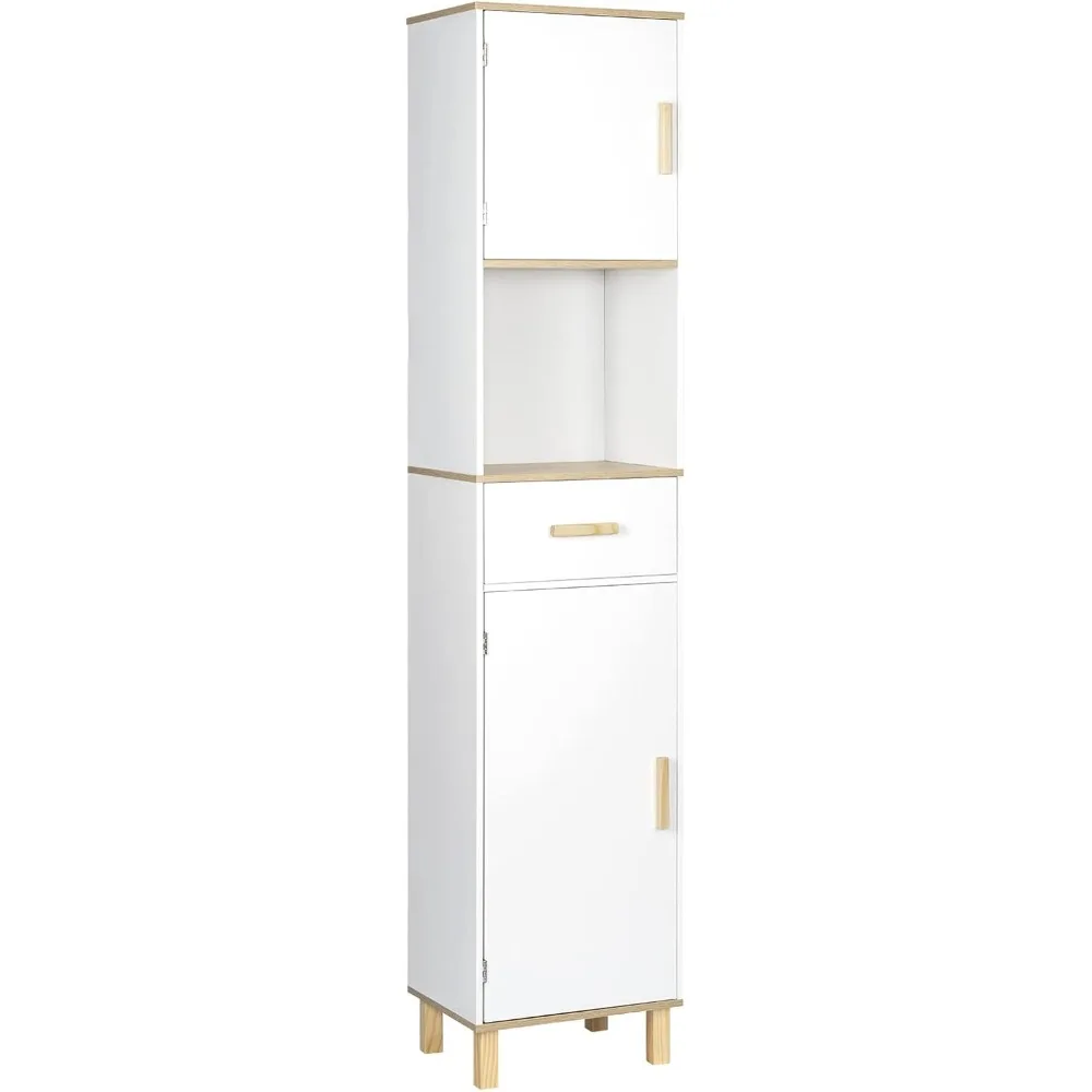 EUGAD Armario Baño Alto, Armario Columna de Almacenamiento, Mueble Baño Blanco con 2 Puertas, 4 Compartimentos Interiores, 1 Com