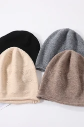 100% wełniana czapka zimowa dla kobiet Miękka ciepła luksusowa kaszmirowa dzianinowa czapka z czaszką Solidna żakardowa czapka Casual Fashion Beanie Hat Girl