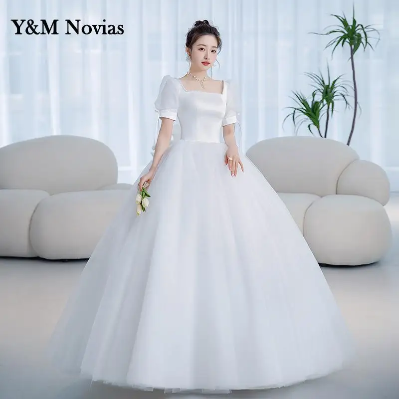 Y & m-Vestido De novia De satén para mujer, traje De novia francés De color marfil, De talla grande, con manga larga, 2022