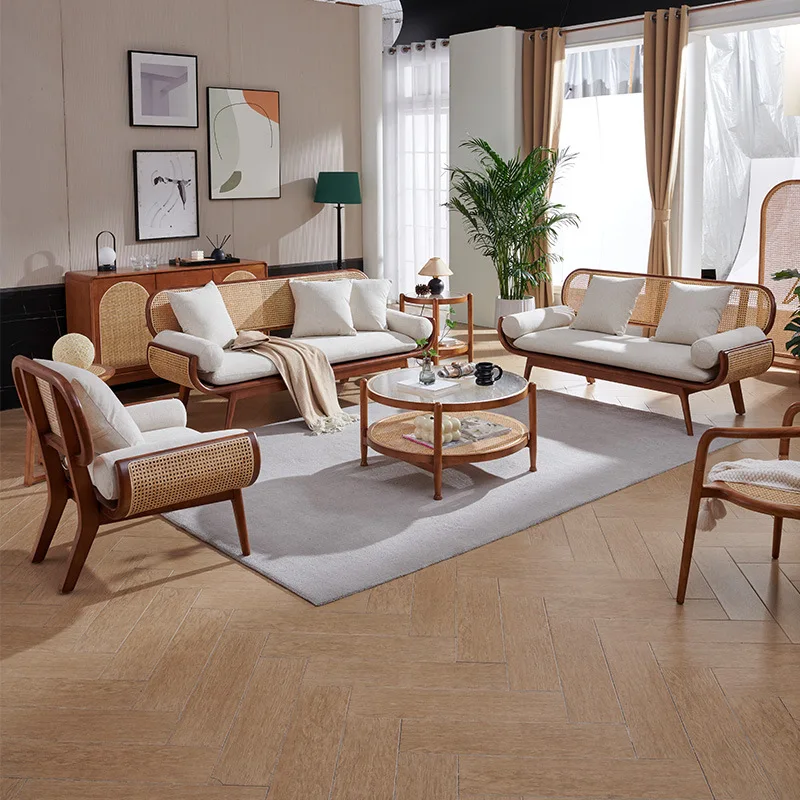 

New Chinese solid wood sofa simple rattan backrest small apartment living room sofa winter and summer dual-purpose homestay leis