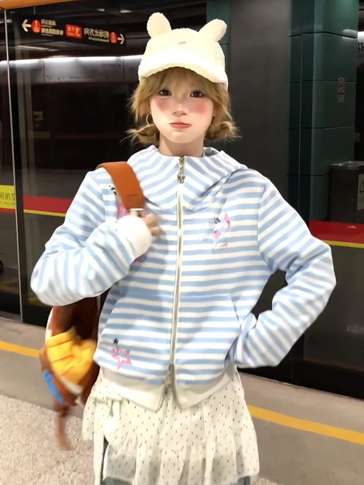 Sweat à capuche rayé américain Y2K pour femme, Cardigan amincissant, doux et épicé, pour fille, nouvelle collection printemps automne