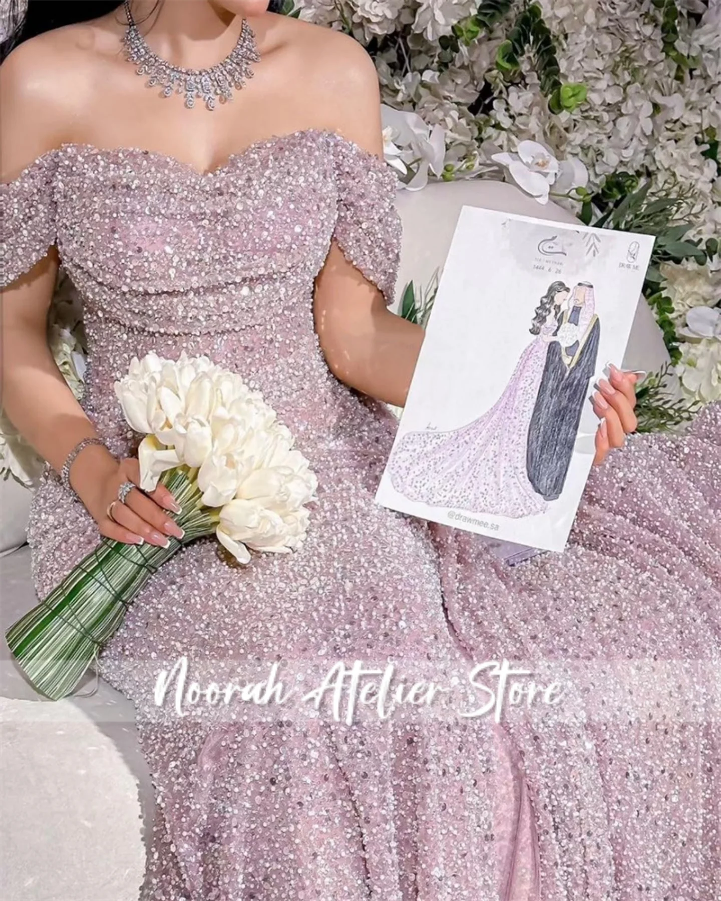 فساتين سهرة دبي مكشوفة الكتف باللون الوردي اللامع 2025 فستان زفاف ذيل فستان حفلات فساتين شورت للمناسبات الخاصة حسب الطلب