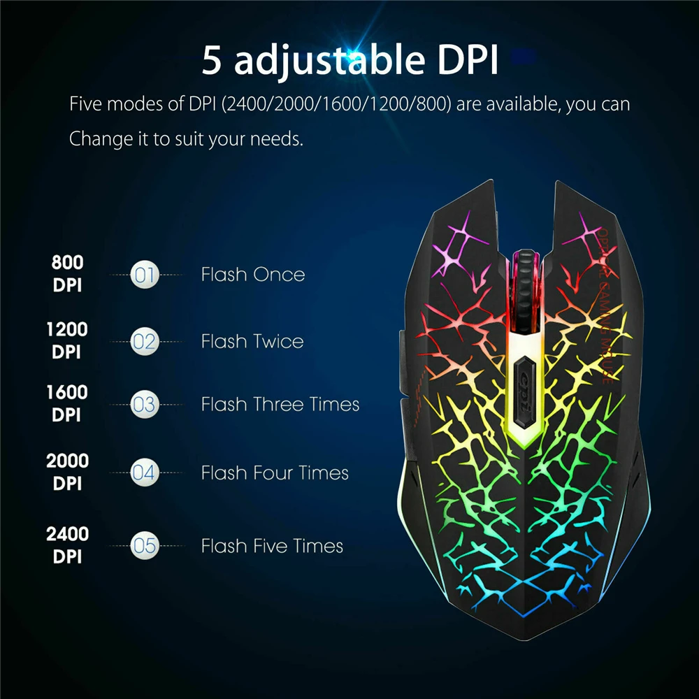 Wireless USB Optical Mice Gaming Mouse 7 Color LED Backlit Rechargeable for PC