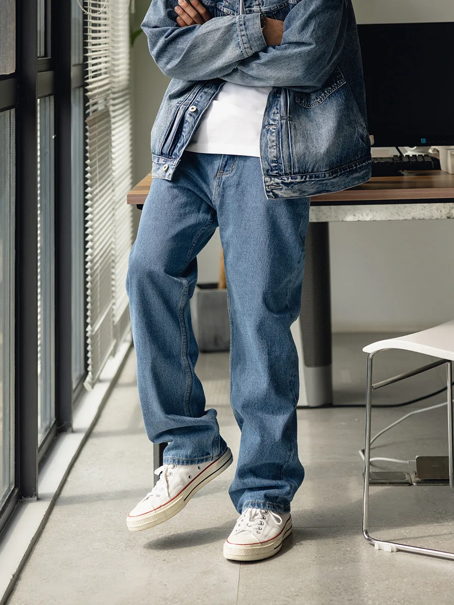 Retro Japanese Style Men's Jeans Straight Leg Casual Fashion Classic All-Match Long Pants Warm Zipper mid Waist Youth Popular