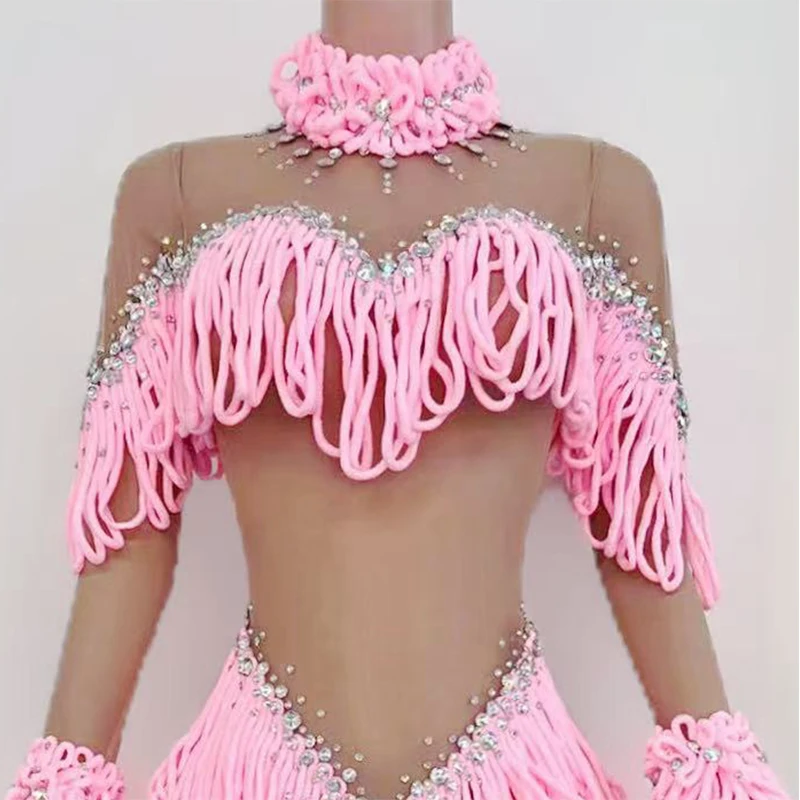 나이트 클럽 고고 댄스 의상 핑크 술 긴 소매 바디 슈트 여성 파티 무대 공연 의류 섹시한 드래그 옷 VDL3966