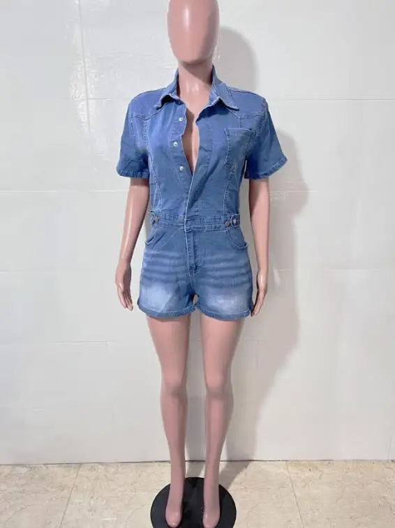 Femmes mode haute Stretch à manches courtes mince Denim combinaison personnalisé Style de rue femme décontracté minceur combinaisons courtes