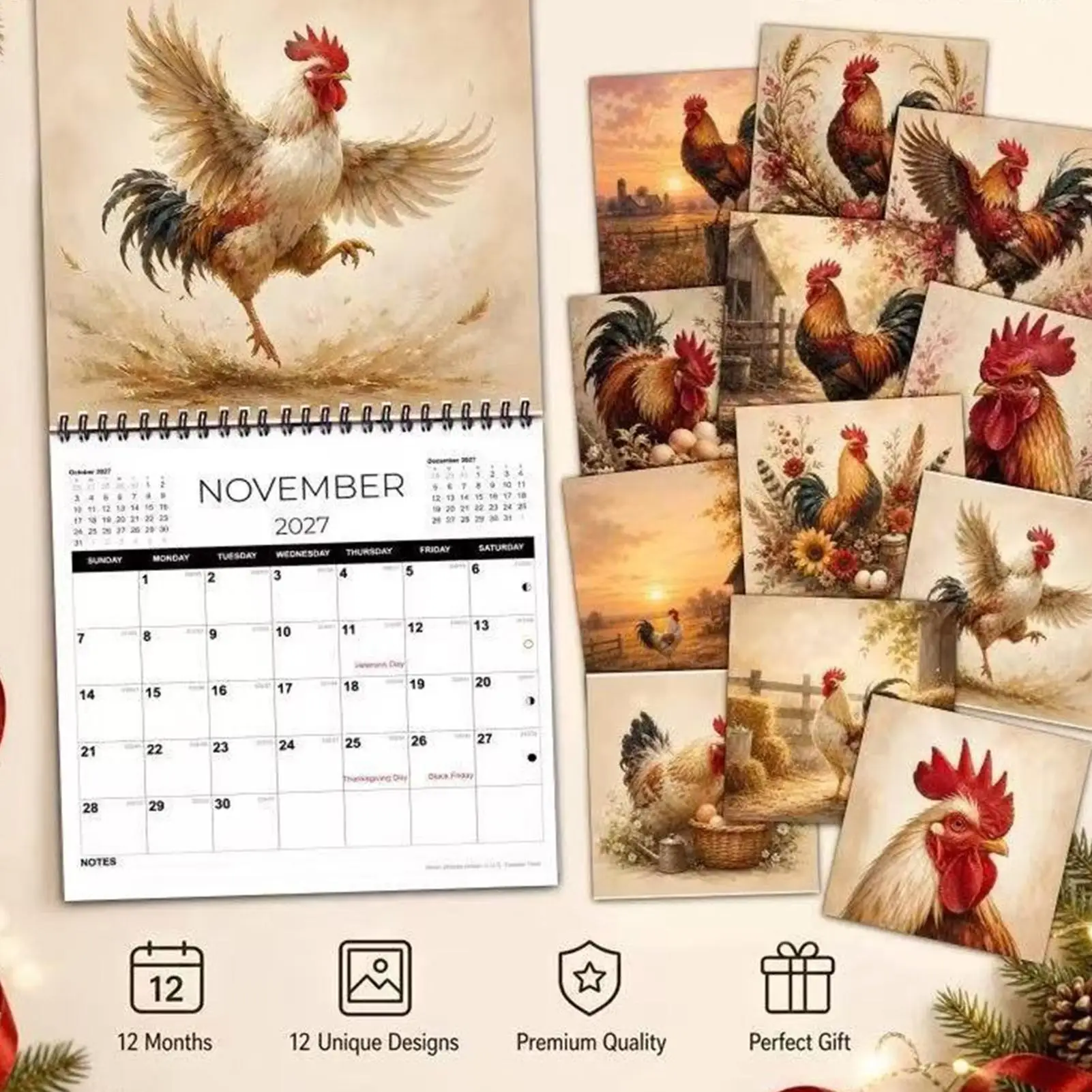 2027 Wall Calendar Funny Chicken Thick Paper Monthly Weekly Planner 2027 January-December Calendar For Home Office School