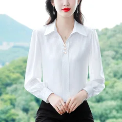 Women Clothing Mulberry Silk Chiffon Shirts Office Lady Temperament Elegant Diamonds Button Blouse Female Loose Solid Tops