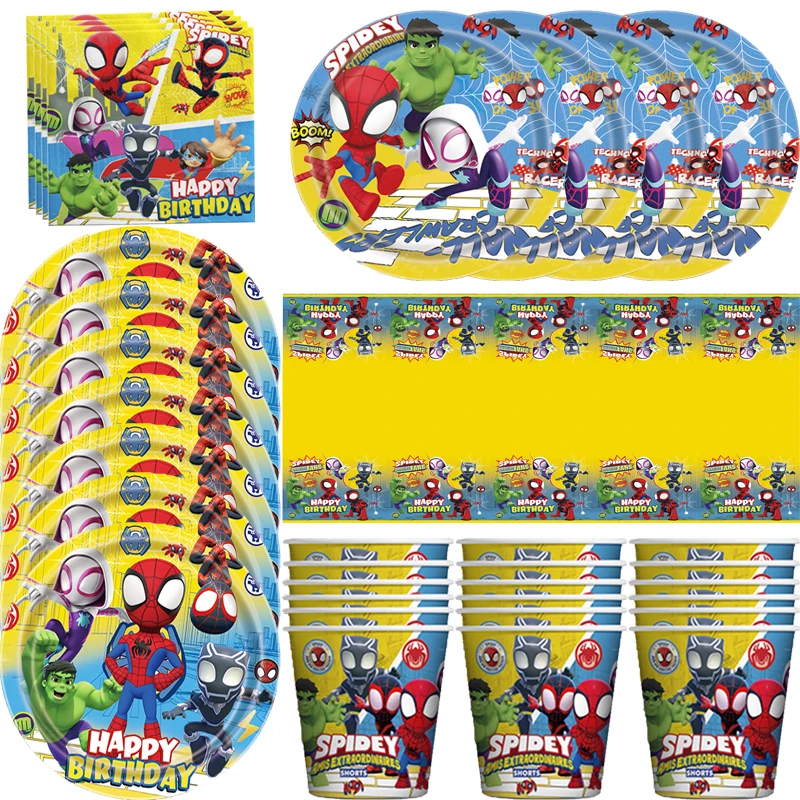 Cartoon Spiderman Themed Boy Birthday Party Decor Disposable Tableware Paper Plates Cups Kids Toys banner Baby Shower Supplies