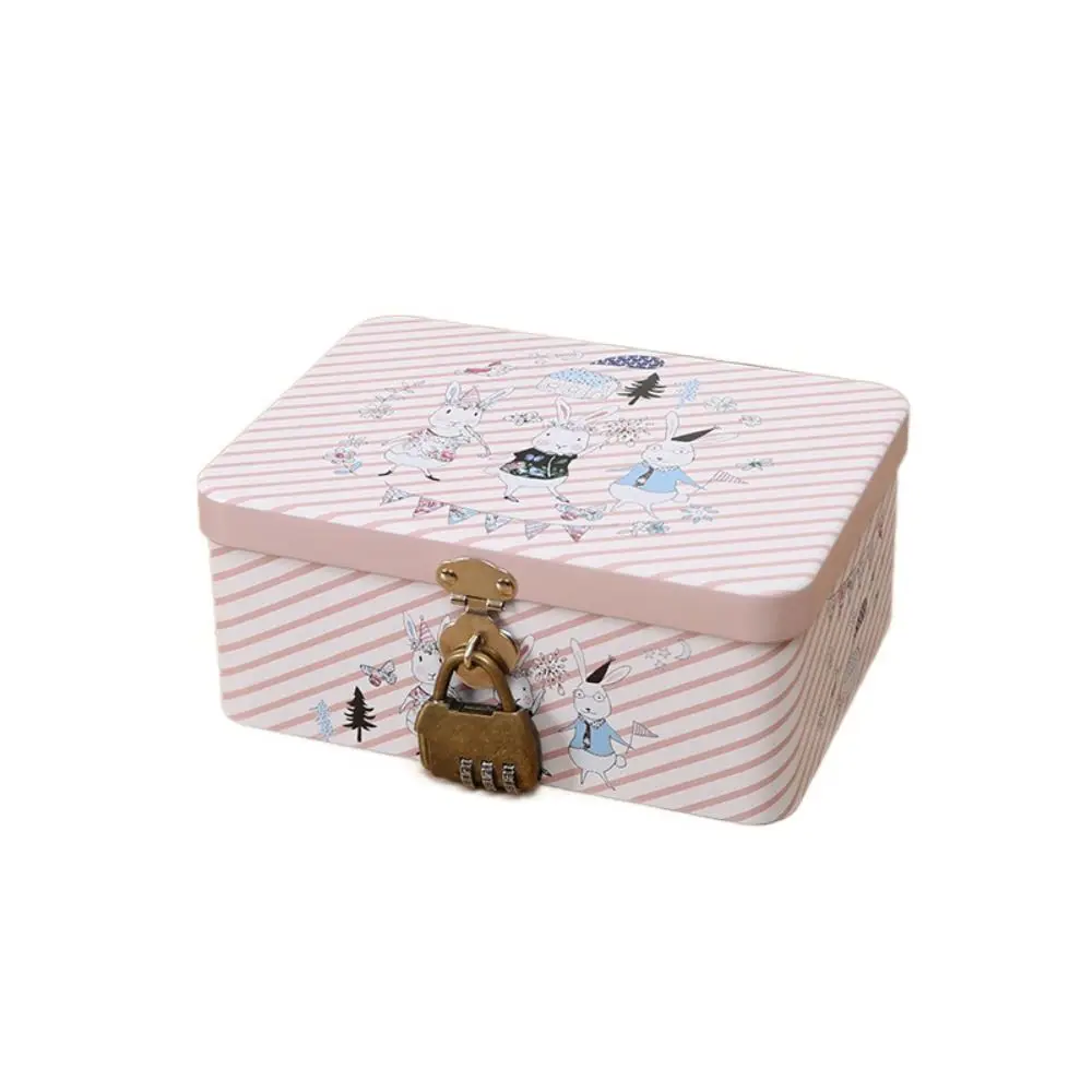 Cute Large Capacity Tinplate Box with Lock Key Desktop Storage Case Metal Box Jewelry Storage Empty Box