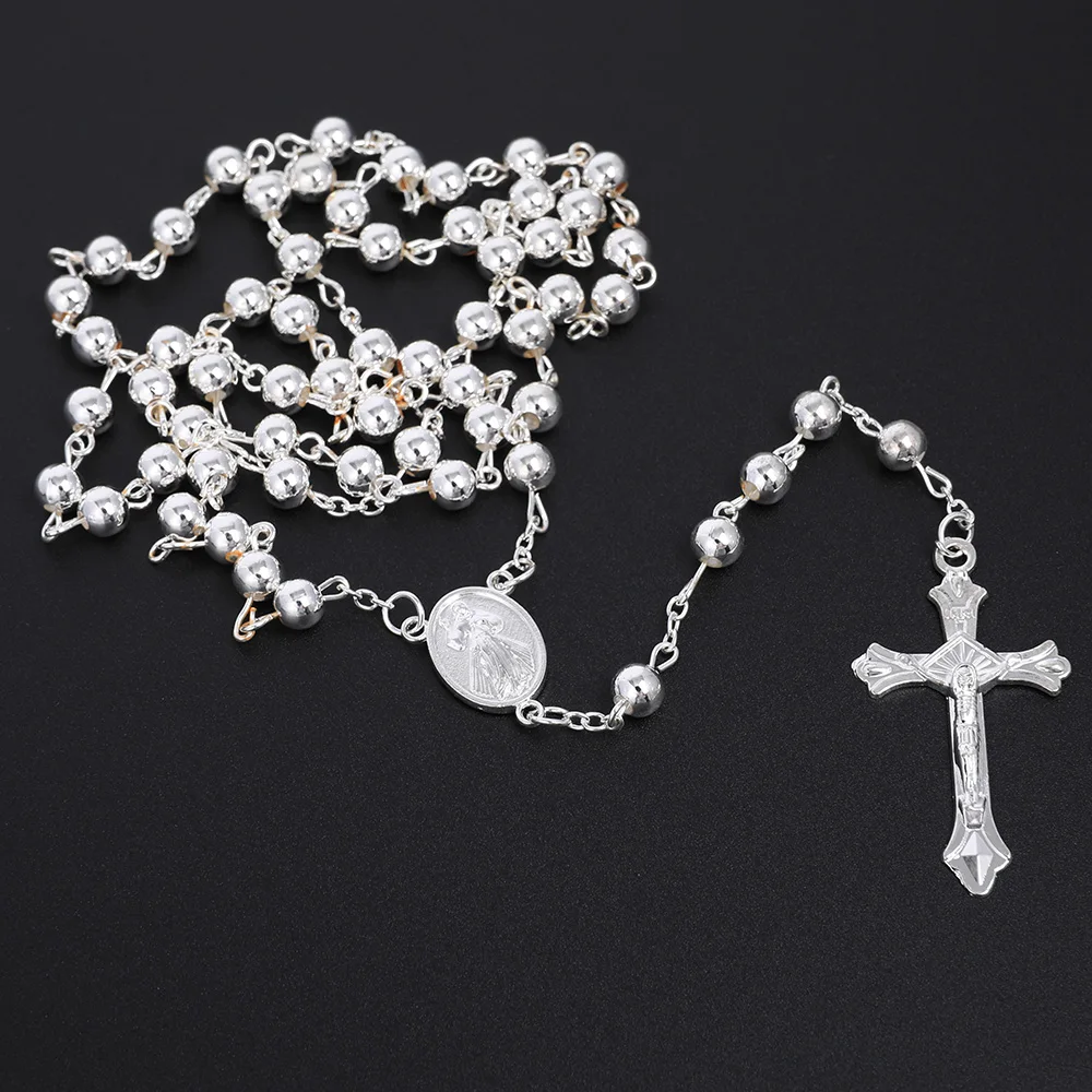 Silver Color Rosary Necklace For Women Men 6MM Metal Beads Long Chain Crucifix Cross Pendant Religious Prayer Party Jewelry Gift