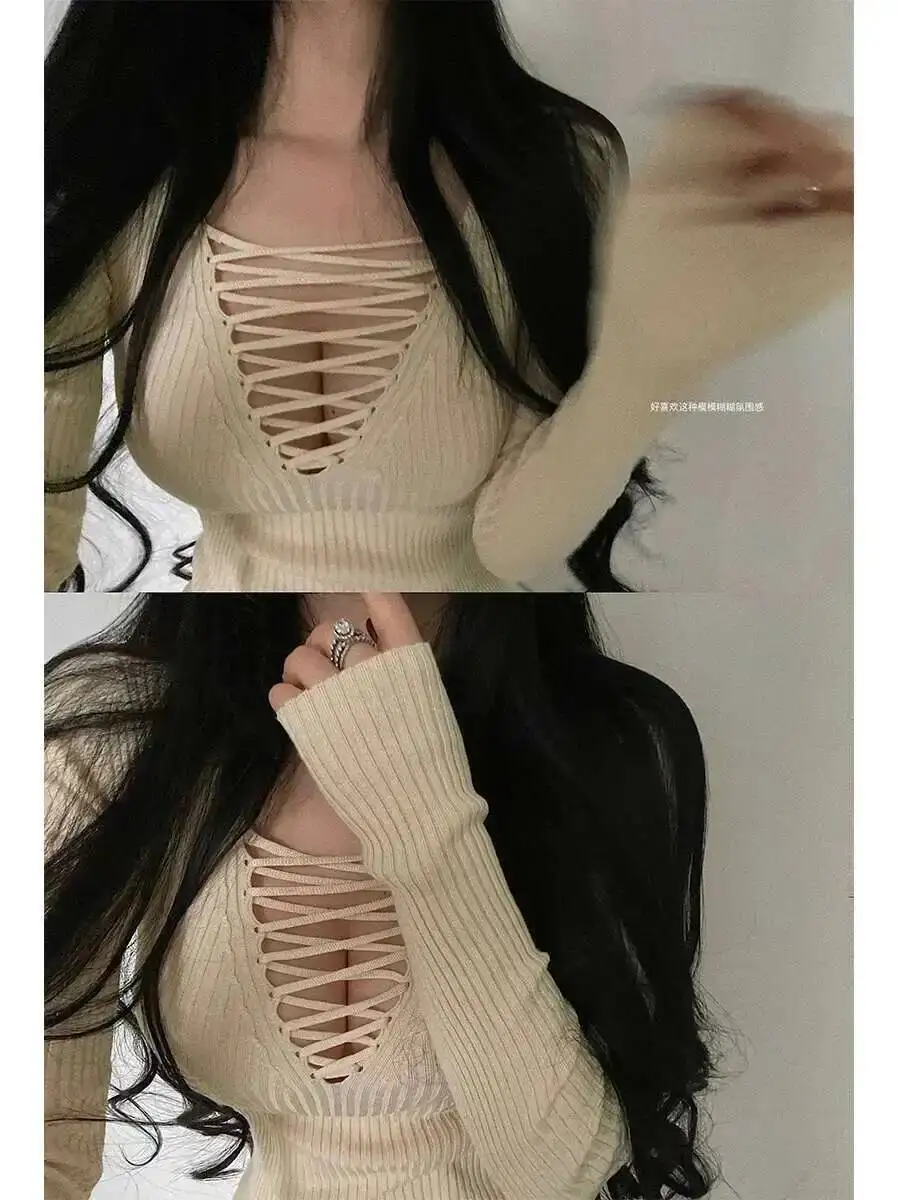 Pure Desire Stil Sexy Brustgurt Aushöhlen Schlank Langarm Basis Gestrickte Top Pullover Mode Frauen Tops 2025, Neue Süße 41Y9