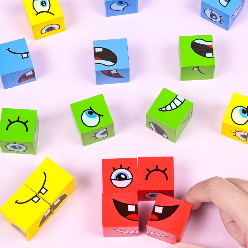 1 Set Emotions Expression Wooden Cube Face Change Building Blocks Parent-Child Interactive Games Montessori Toys