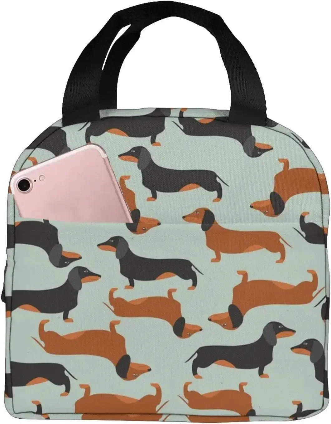 

Black and Brown Dachshund Lunch Bag for Women Reusable Insulated Lunch Box Thermal Small Cooler Tote Bag for Work Picnic School