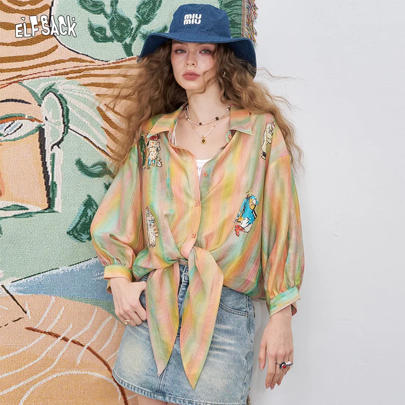

ELFSACK 2025 Summer New Arrivals casual loose Printed Colourful Stripe Light Shirt