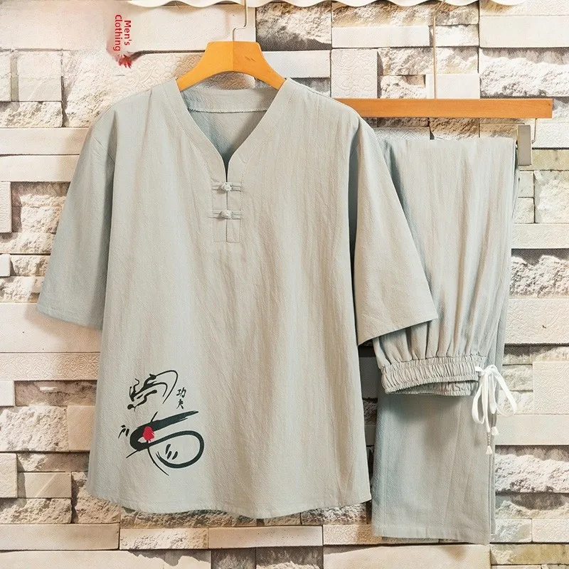 

Men's Cotton Linen Spwear ort Sve Long Pants Home Clothes Set Vintage Sle Comfortable Breathable Summer Outfit