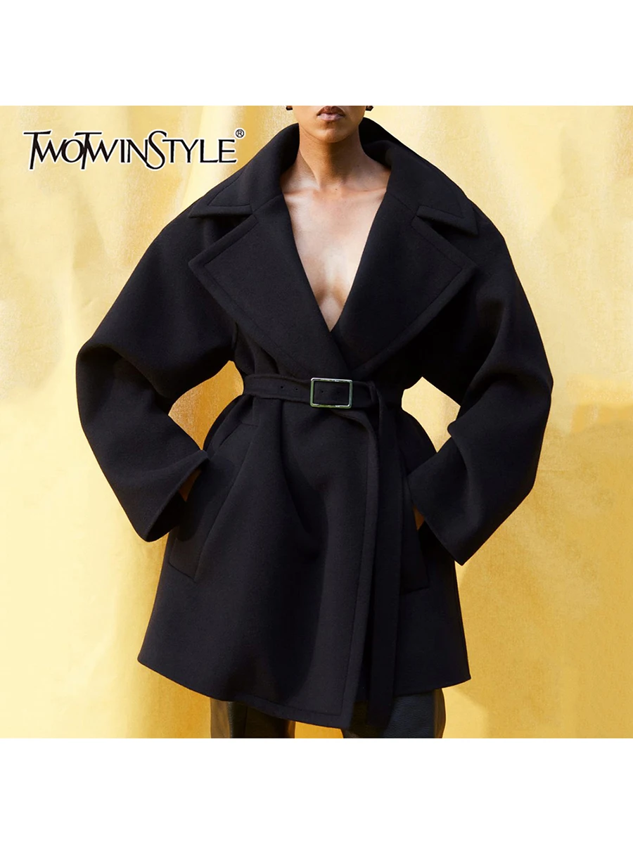

TWOTWINSTYLE Solid Spliced Lace Up Minimalist Coats for Women Lapel Long Sleeves Patchwork Pockets Loose Coat Female Clothes New