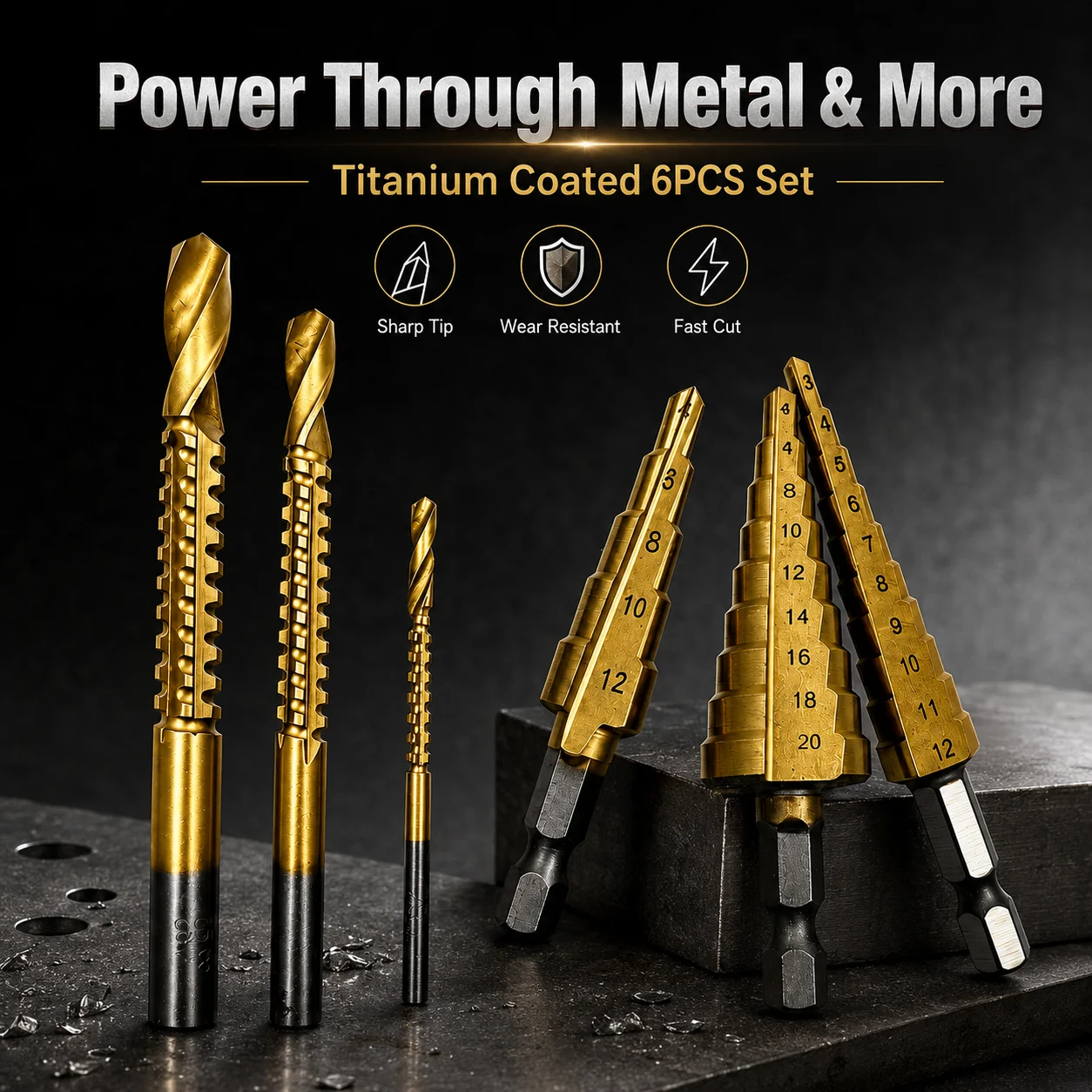 Mess Kit Titanium - 6Pcs Titanium Coated Drill Bit Set,