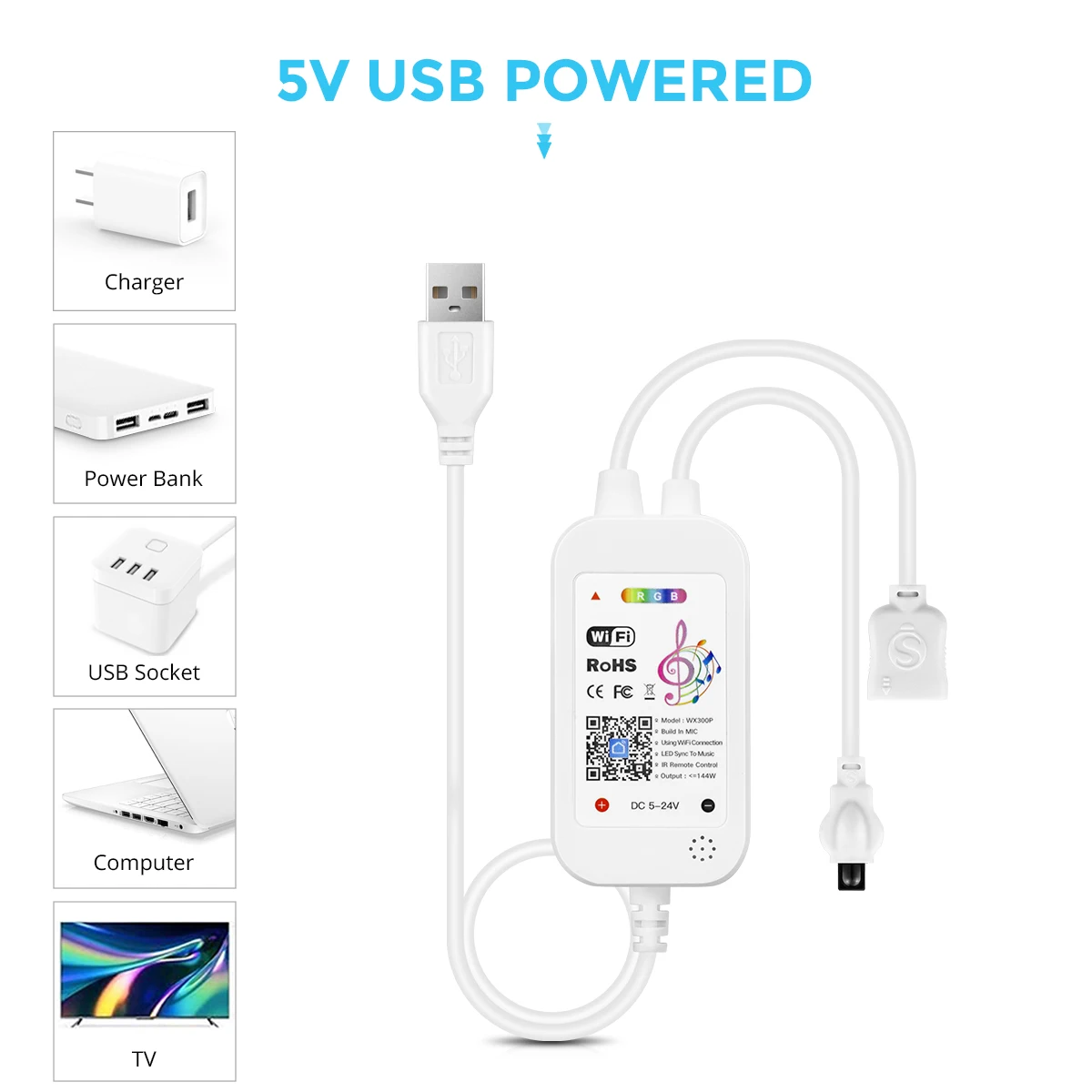 5V USB Tuya APP Wifi RGB LED Controller e telecomando funziona con Alexa/Google home per 5V 4 Pin RGB LED Strip/RGB Neon Strip