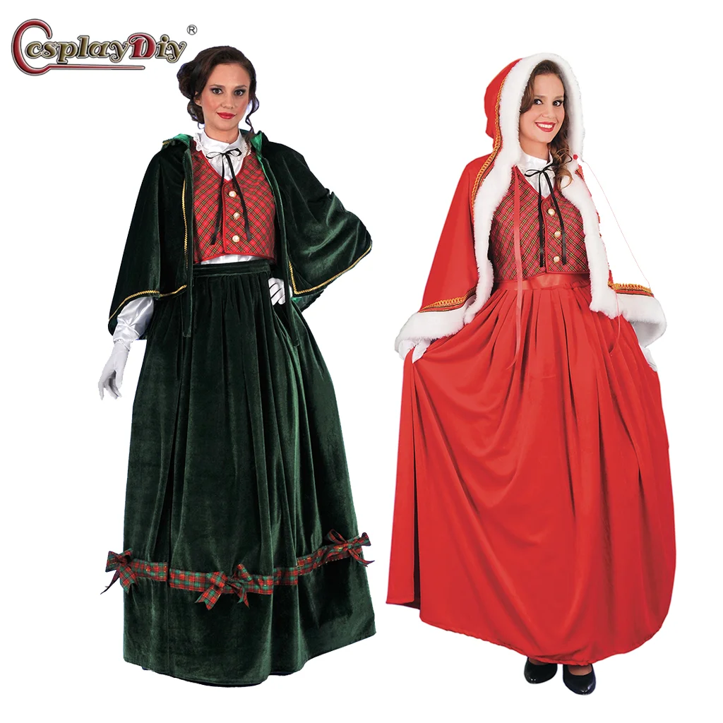 Miss Santa Dress Ladies Santa Claus Caroler Cosplay Red And Green Dress Women's Christmas Costume Party Performance Outfits