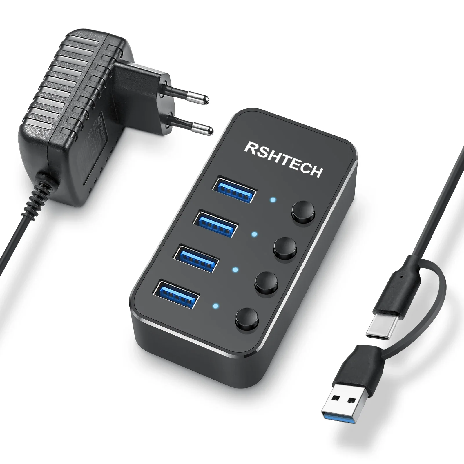 RSHTECH USB 3.0 Hub Portable Aluminum Extension Splitter with 2-in-1 Type A/C Cable and 5V/2A Power Adapter for Laptop and PC