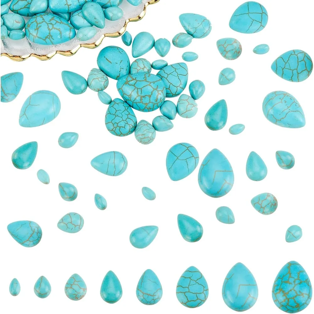 80 Pcs Cracked Stone Cabochon, 8 Size Teardrop Shape Gemstones Beads Dyed Synthetic Turquoise Cabochons for DIY Necklac