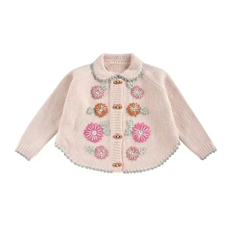 In Stock! Kids Sweater 2024 Autumn/Winter New LM Girls\' Flower Embroidered Sweater Long Sleeve Cardigan Sweater Embroidered Pant