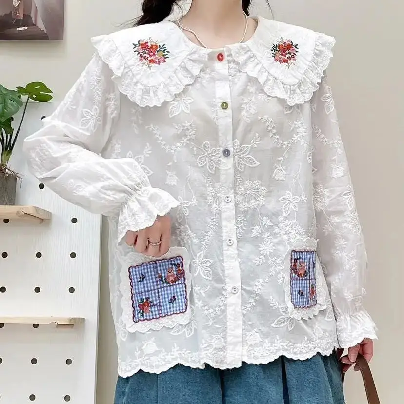 Japan Style Sweet Mori Kei Girls Loose Lace Patchwork Cotton Shirts/Blouses Women Cartoon Embroidery Blouses Tops Female