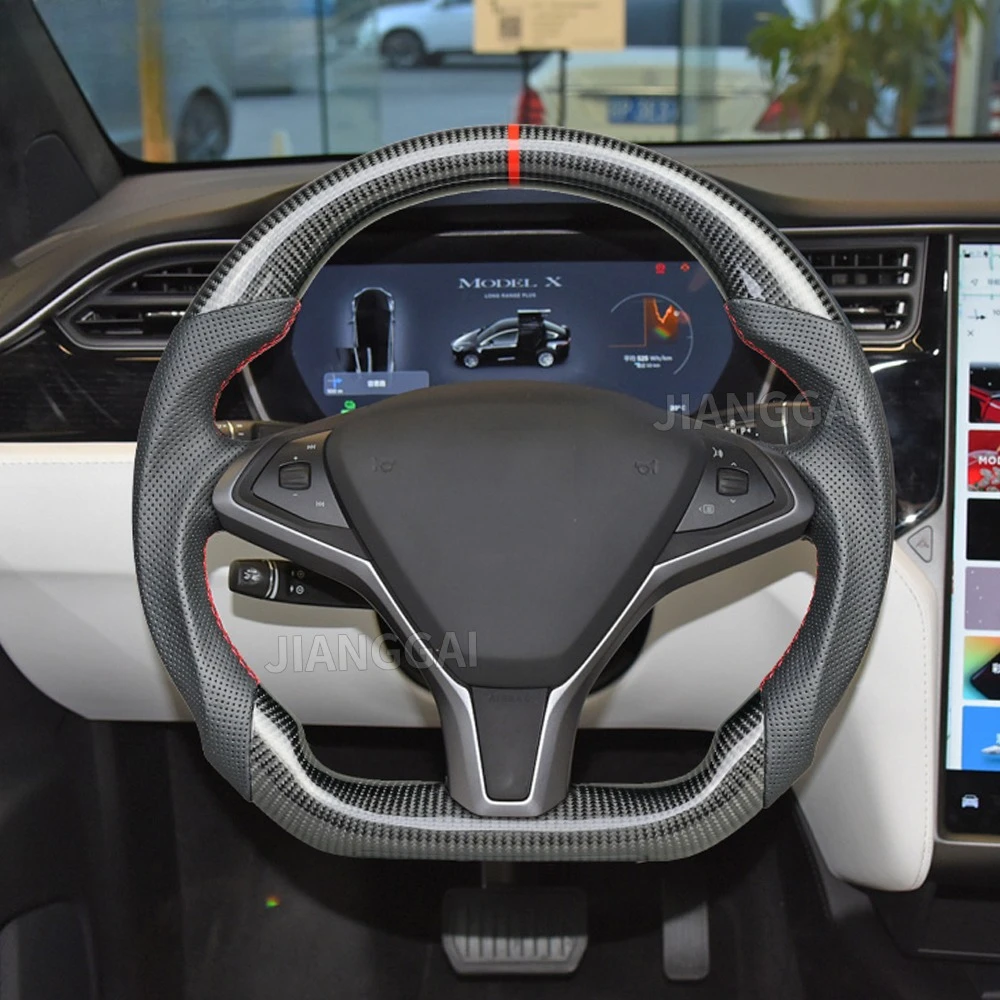 

Real Carbon Fiber Steering Wheel Red Stitch D-Type Racing Design Fit For Tesla Model X 2016-2020 Car Steering Wheel Replacement