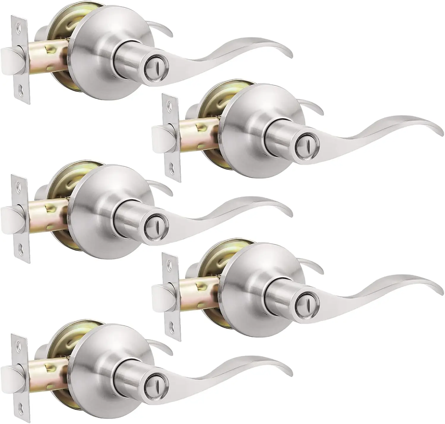 

5 Pack Brushed Nickel Privacy Door Handles for Bedroom and Bathroom, Keyless Wave Lever Design