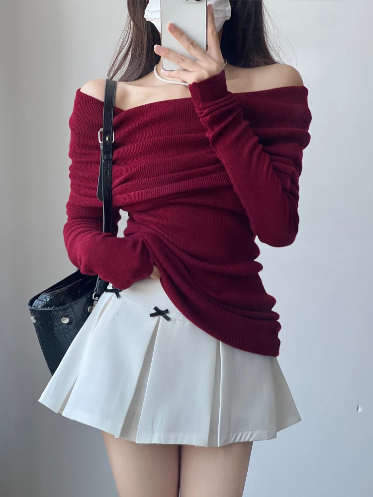 Retro Hong Kong Sle Sexy One oulder Large Collar Soft Cozy Long Sve Knitted Sweater Slim Fit Wine Red Spring Autumn