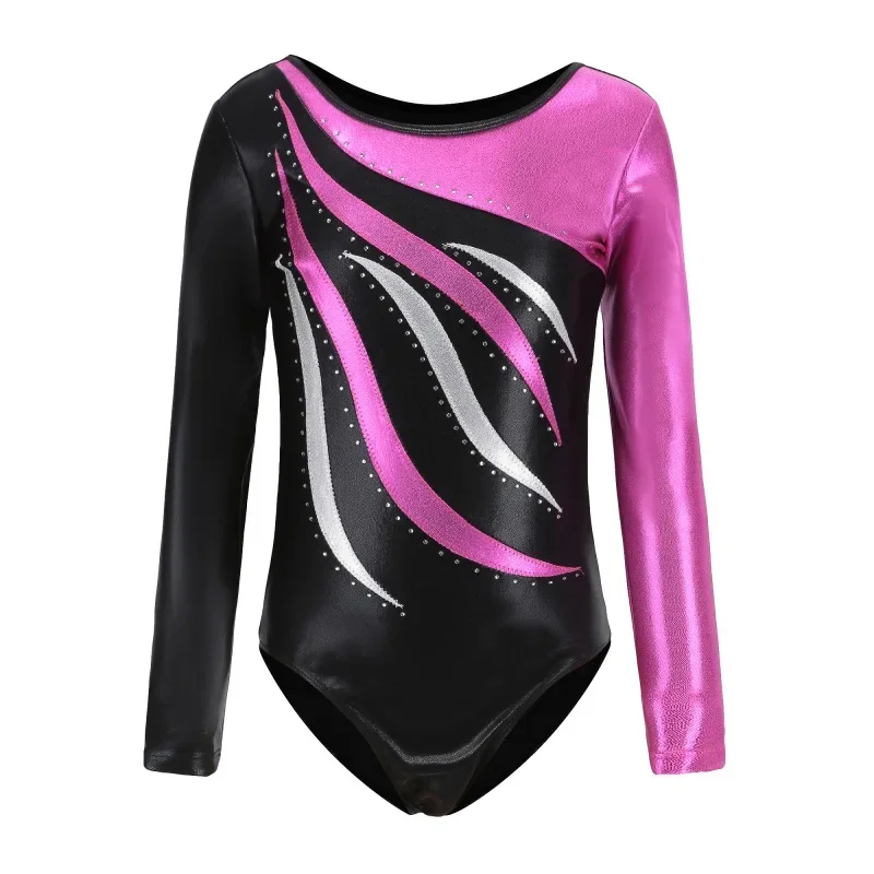 Girls Long Sleeve Ballet Leotards - Kids Dance Practice BodySuit with Diamond Design