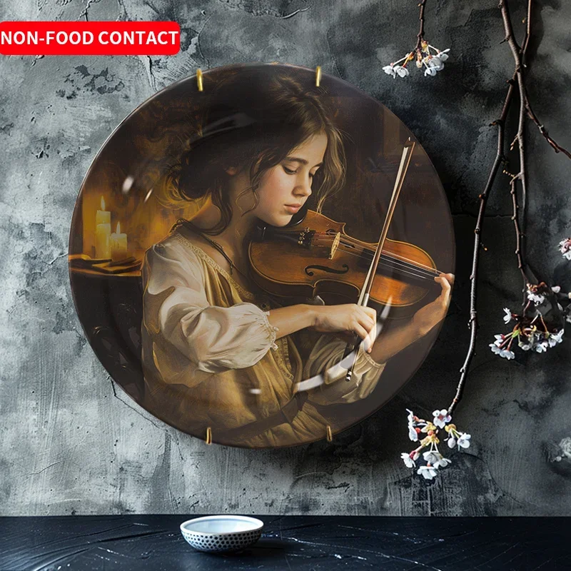 1pc Elegant Ceramic Round Plate with Girl Playing Violin - Musical Wall Plate Suitable for Living Room &, Non-Food Contact