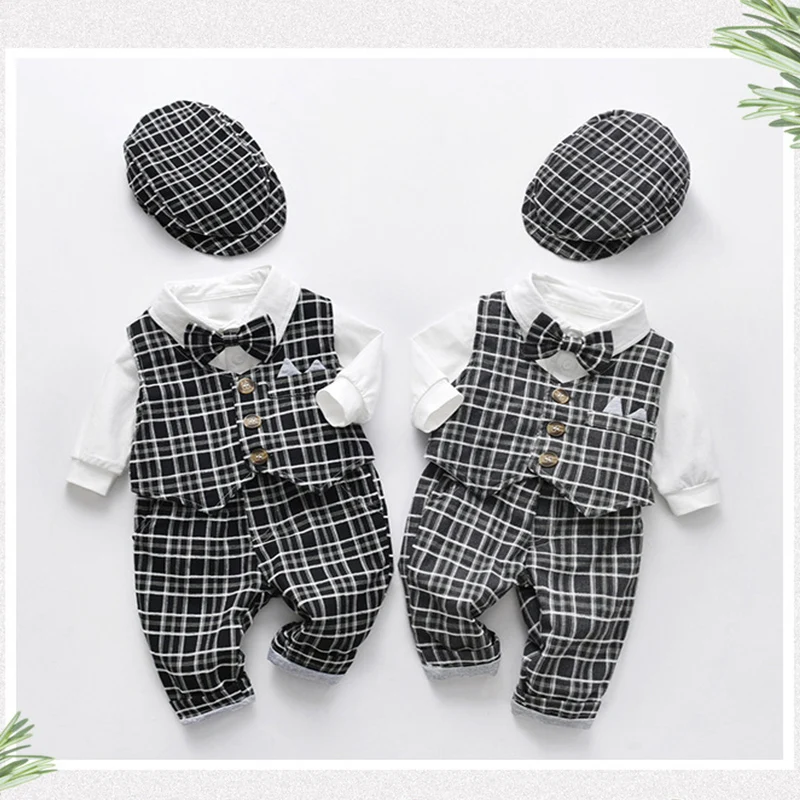 Infant 1st Birthday Gentleman Clothes Newborns Plaid Vest Hat Pants White Bodysuit Wedding Costume Baby Boy Formal Boutique Set