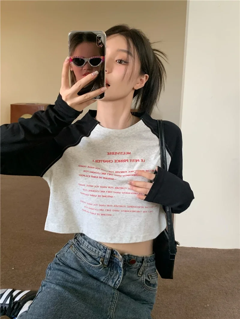 Y2k Vintage T Shirt Women Patchwork Print Letter Crop Tops Streetwear American Retro T-shirt Female Autumn Tops Contrasting colo