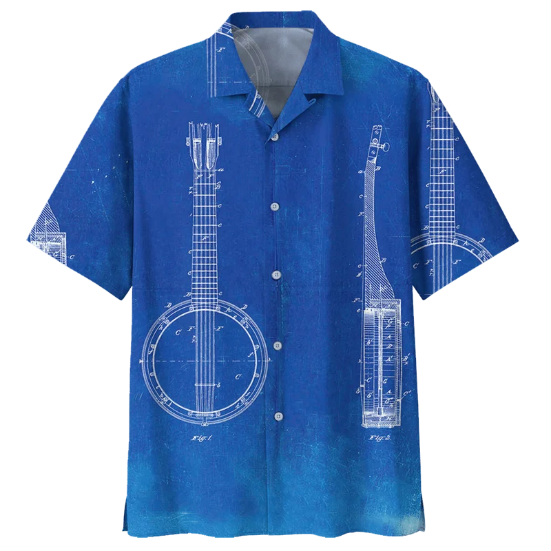 Banjo Guitar Pattern Aloha Shirt For Men 3D Printed Musical Instrument Button Blouse Loose Lapel Short Sleeve Hawaiian Shirts