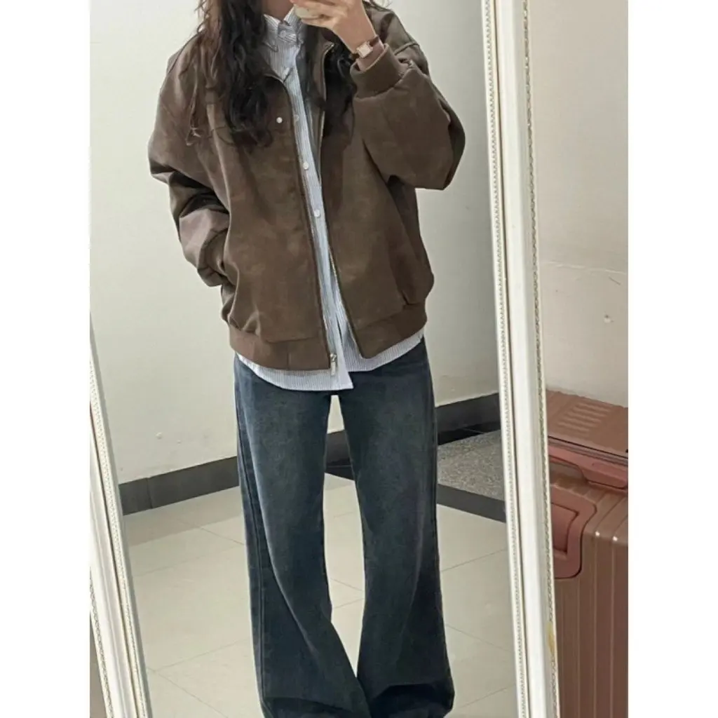 

Retro American Brown Lapel Jacket for Women Imitation Suede High-End Motorcycle Top for Spring And Fall