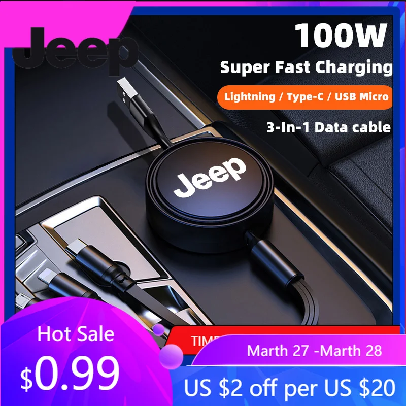 Cable de datos 3 en 1 de carga rápida de 100W para Jeep, accesorios de cargador USB para coche, para Jeep Grand Cherokee Wrangler JK Gladiator Compa